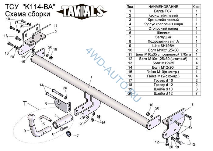 Фаркоп «TAVIALS» K114-BA для KIA SOUL 2008-2014 (с быстросъемным шаром). Без выреза бампера. Тип шара: C. Нагрузки 1300/50 кг. Электрика в комплекте.