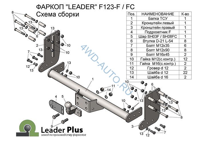 Фаркоп Leader Plus F123-F Ford Transit шасси 2014-. Без выреза бампера. Нагрузки 2500/100 кг.