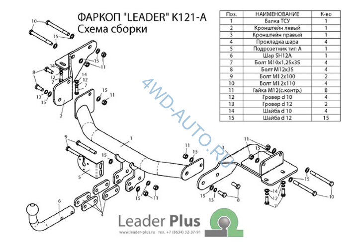 Фаркоп Leader Plus K121-A на Kia Sorento Prime, дизель, с 2015 г/в | Hyundai Santa Fe Дизель, с 2015 по 2018 г/в