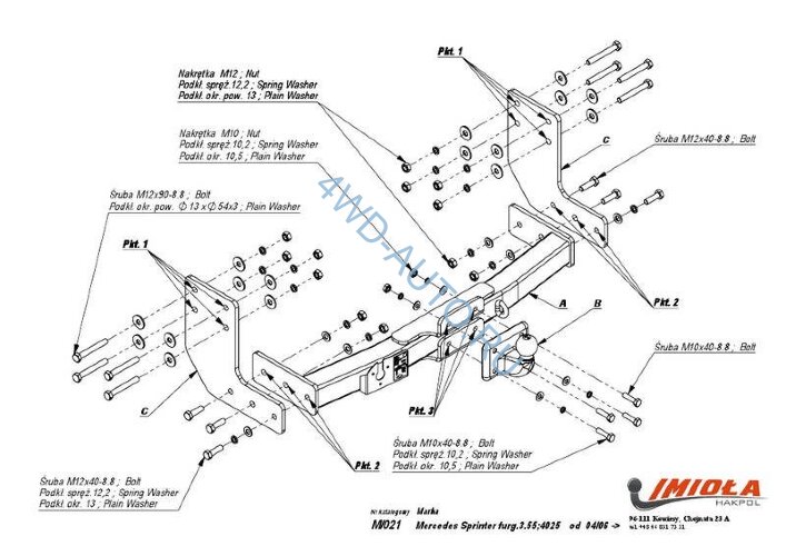 Фаркоп Imiola M.021 Mercedes Sprinter L2 3665 мм, L3, L4 4325 мм фургон без ступеньки 2006- / Volkswagen Crafter L2 3665 мм , L3, L4 4325 мм фургон без ступеньки 2006- без выреза бампера. Тип шара: F. Нагрузки: 3500/140 кг. Электрика в комплекте.
