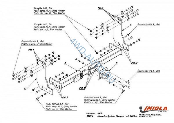 Фаркоп Imiola M.024 Mercedes Sprinter L2 3665 мм, L3 4325 мм шасси, в т.ч. 5 тн (сдвоеные колеса) 2006- / Volkswagen Crafter L2 3665 мм шасси, L3 4325 мм шасси, в т.ч. 5 тн (сдвоеные колеса) 2006-. Тип шара: F. Нагрузки: 3500/140 кг. Электрика в комплекте