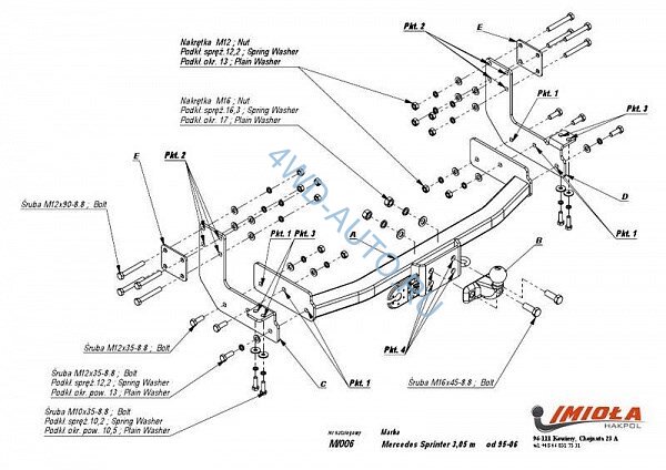 Фаркоп IMIOLA M.006 Mercedes Sprinter 3050 мм фургон 1995-2006 / Volkswagen LT 28-35 3050 мм 1995-2006. Без выреза бампера. Тип шара: F. Нагрузки: 2800/100 кг (электрика в комплекте)