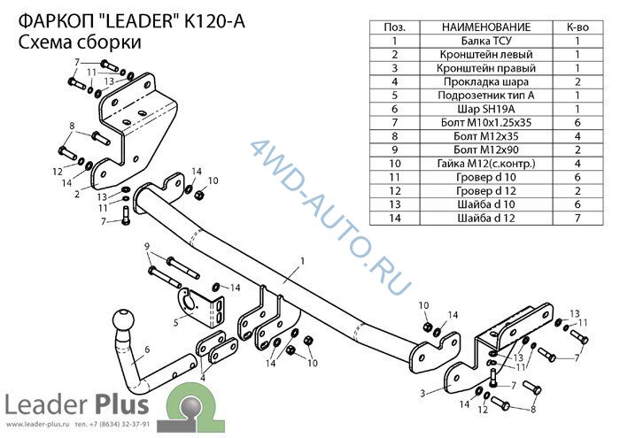 Фаркоп Leader Plus K120-A Kia Ceed хетчбек 2012-. Без выреза бампера. Нагрузки 1200/75 кг.