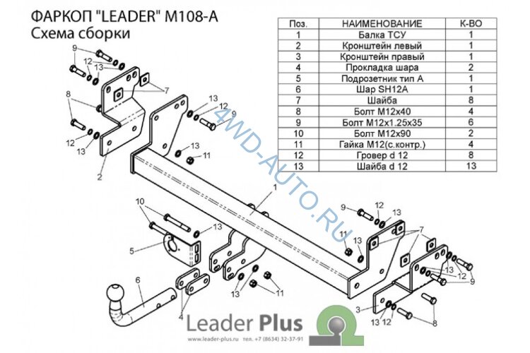 Фаркоп Leader Plus M108-A на Mitsubishi Pajero Pinin