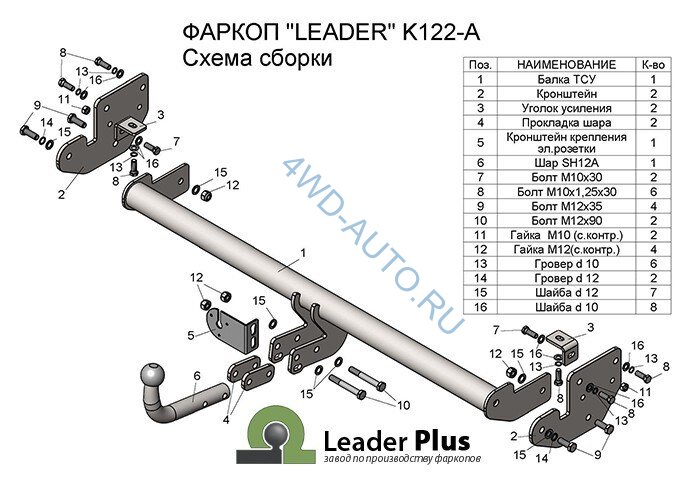 Фаркоп Leader Plus K122-A Kia Soul c 2014.  Без выреза бампера. Нагрузки 1500/75 кг.