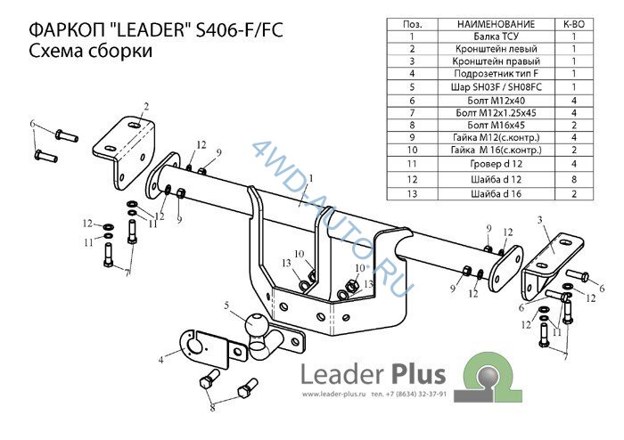 Фаркоп Leader Plus S406-FC 2005-2016 (только JB420, JB424W). Невидимый вырез бампера. Нагрузки 1200/50 кг. 