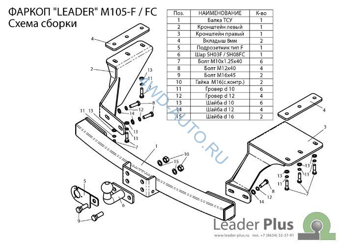 Фаркоп Leader Plus M105-F Mitsubishi Outlander XL с 2007-2012. Без выреза бампера. Нагрузки 2000/100 кг.
