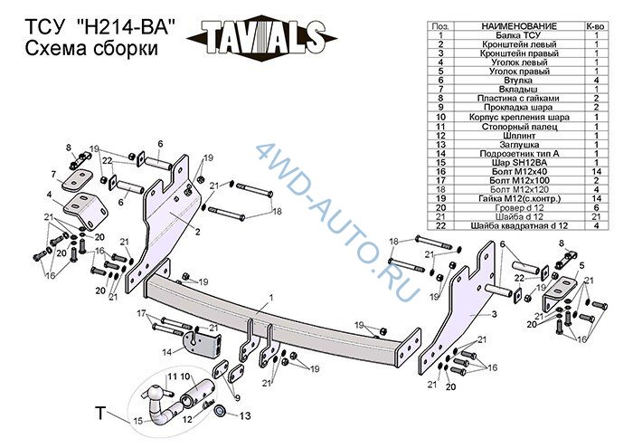 Фаркоп H214-BA «TAVIALS» для HYUNDAI STAREX с 2008 г.в.  (с быстросъемным шаром). Без выреза бампера. Тип шара: C. Нагрузки 1500/75 кг. Электрика в комплекте.