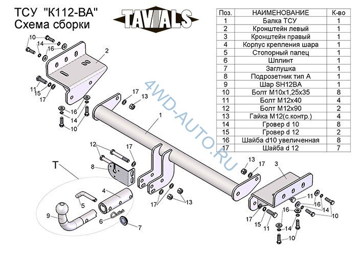 Фаркоп «TAVIALS» K112-BA для KIA SPORTAGE  2010-2015 г.в. (с быстросъемным шаром). Без выреза бампера. Тип шара: C. Нагрузки 1500/75 кг. Электрика в комплекте.
