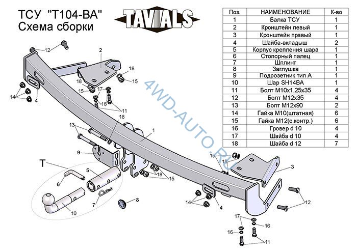 Фаркоп «TAVIALS» T104-BA для TOYOTA CAMRY (V30) седан 2002-2006 г.в. (с быстросъёмным шаром). Без выреза бампера. Тип шара: С. Нагрузки 1300/75 кг. Электрика в комплекте.