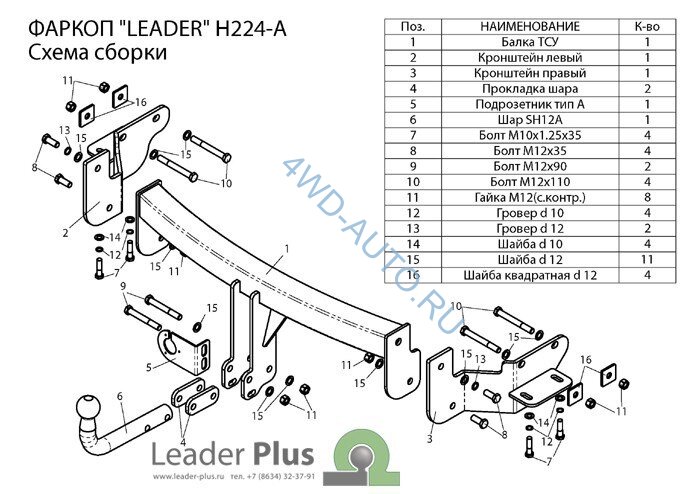 Фаркоп Leader Plus H224-A HYUNDAI SANTA FE (DM) 2012 -...(дизель) (GRAND SF 2014-...)/ KIA SORENTO 4 (XM FL) 2012-... Требуется вырез в бампере. Нагрузки 1300/75 кг.