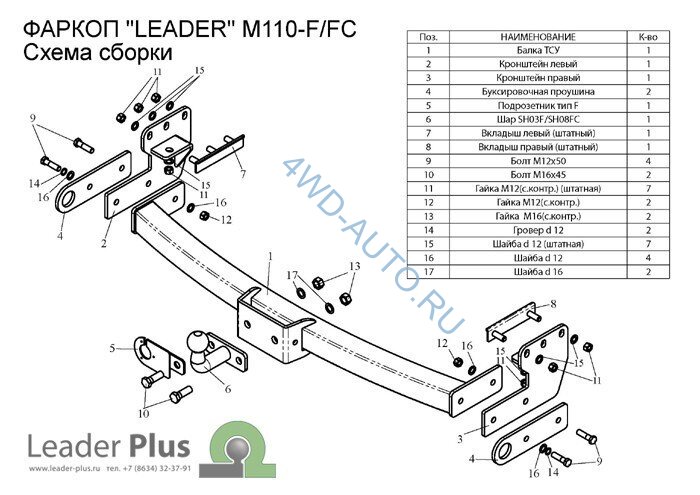 Фаркоп Leader Plus M115-F для Mitsubishi Pajero Sport 2 2008-2016, Mitsubishi Pajero Sport 3 2016-. Без выреза бампера. Нагрузки 2000/100 кг, (замена для M110-F, снятого с производства).