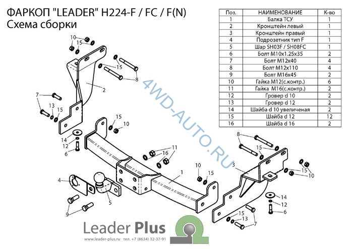 Фаркоп Leader Plus H224-F Hyundai Santa Fe (DM) 2012-.../ Kia Sorento 4 (XM FL) 2012-... Без выреза в бампере. Нагрузки 2000/100 кг.