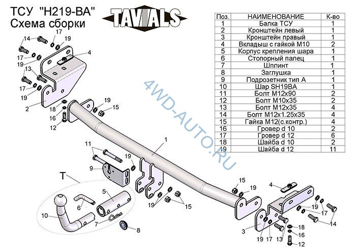 Фаркоп «TAVIALS» H219-BA для Hyundai Solaris седан 2010-2017 (подрезка бампера), Kia Rio III седан 2011-2017 / хетчбек 2011- (подрезка), Hyundai Solaris хетчбек 2010-2017 (без выреза бампера) (быстросъемный шар). Нагрузки 1200/75 кг. Электрика в комплекте