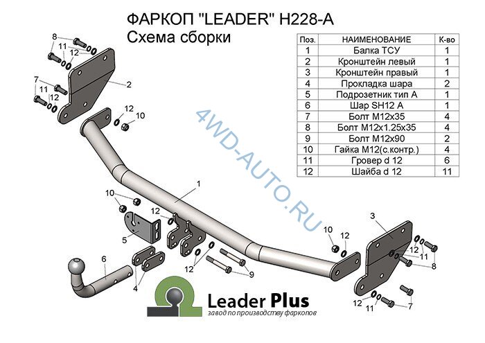 Фаркоп Leader Plus H228-A для Kia Rio 4 седан 2017, Hyundai Solaris 2 седан 2017. Без снятия и выреза бампера. Нагрузки 1200/75 кг.
