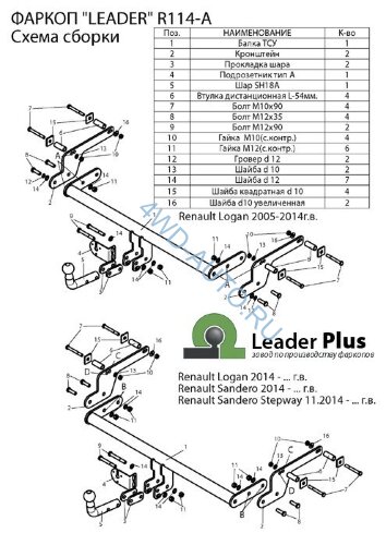 Фаркоп Leader Plus R114-A Renault Logan I седан 2005-2014, Logan II седан 2014- без выреза бампера, Renault Sandero 2014-, Renault Sandero Stepway 2014- требуется вырез в бампере. Нагрузки: 1200/75 кг,  (замена для R113-A)