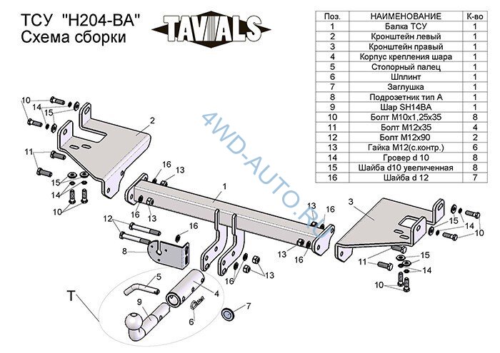 Фаркоп H204-BA «TAVIALS» для  KIA SPORTAGE  2005-2010 г.в. (с быстросъемным шаром). Без выреза бампера. Тип шара: C. Нагрузки 1500/75. Электрика в комплекте.