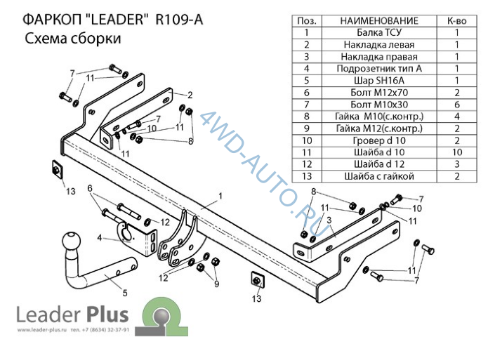 Фаркоп Leader Plus R109-A Renault Symbol седан с 2008-2012 без выреза бампера. Нагрузки 1200/75 кг