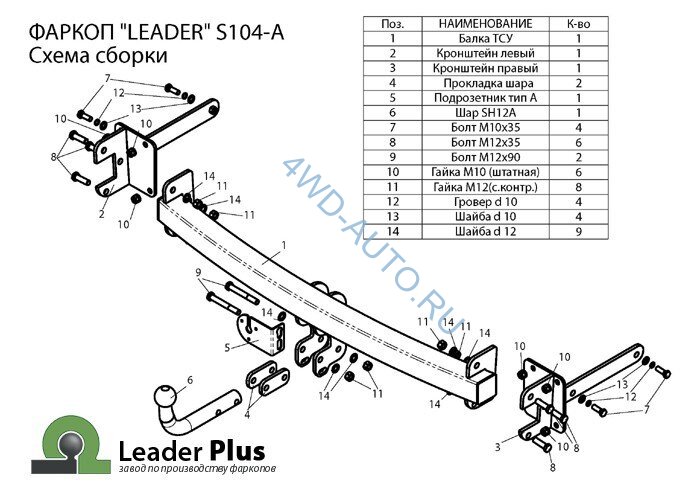 Фаркоп Leader Plus S104-A Skoda Octavia Tour лифтбек 1997-2010. Требуется вырез в бампере. Нагрузки 1300/75 кг