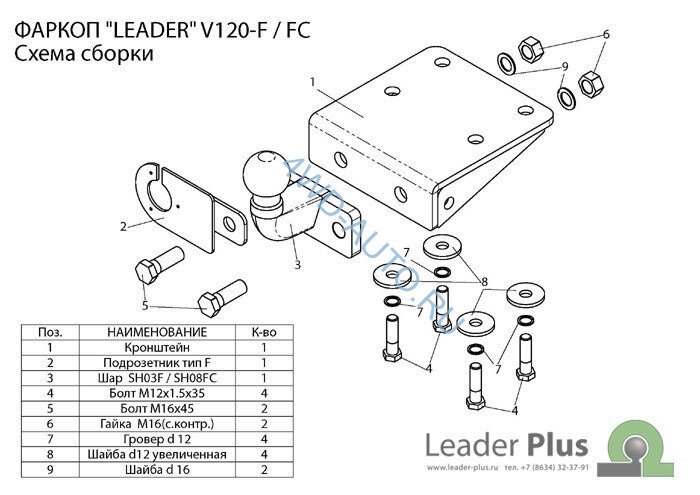 Фаркоп Leader Plus V120-F Volkswagen Amarok с 2010 г.в Без выреза бампера. Нагрузки 2000/100 кг, шар типа F  