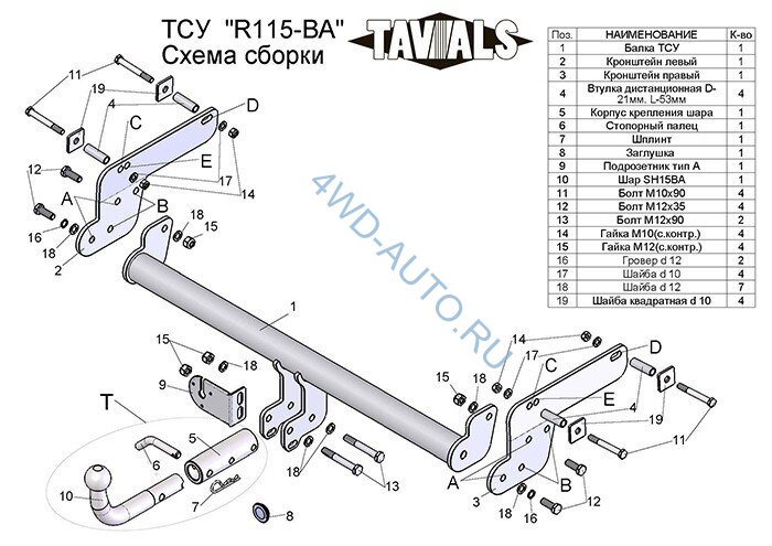 Фаркоп «TAVIALS» R115-BA для Renault Duster 4WD 2011-2015, 2015- без выреза бампера, Renault Duster 2WD 2011-2015, 2015-, Nissan Terrano 2014- требуется подрезка бампера. Тип шара: C.  Нагрузки 1200/75 кг.