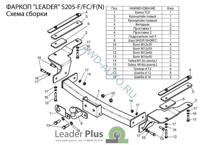 Фаркоп Leader Plus S205-FC Ssang Yong Rexton 2002-2006, 2006-2012, 2012-2017, Ssang Yong Kyron 2 2007-2016. Без выреза бампера. Нагрузки 1200/50 кг